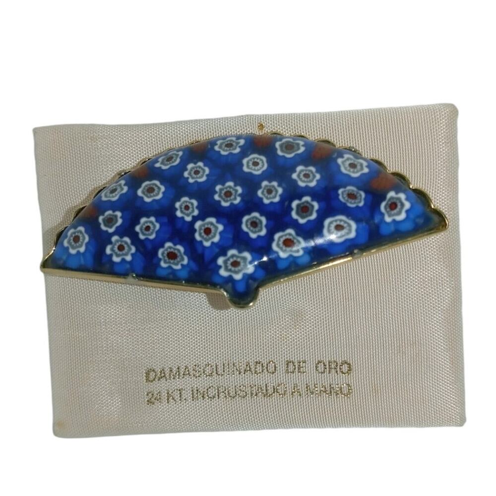 Vintage Cobalt Blue White Red Millefiori Venetian Glass Murano Italy FAN Brooch
